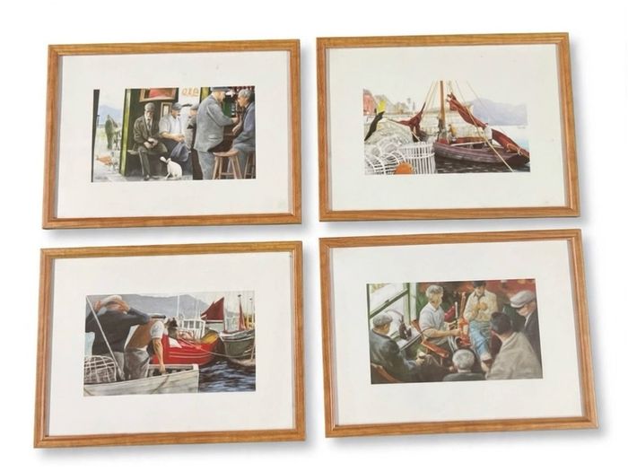 Set of 4 vintage Framed Nautical Fishing Prints - Framed & Mounted