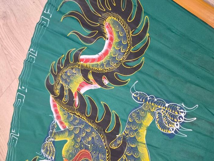 Large Hand Painted Chinese Dragon Wall Fan 89cm Folding 165cm Open Bamboo Vintage