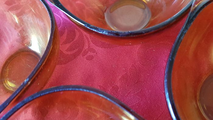 Vereco France Amber Glass 9 Piece Two Handled Soup Bowls and Cups And Saucer