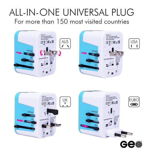New GEO Smart Travel Adapter with 4 USB Charging Ports, All-In-One Universal Plug / Safe Wall Charger with USB Surge Protection - 1 YEAR GUARANTEE