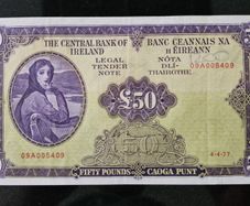 Central Bank of Ireland 50 Pounds 1977 Lady Lavery Banknote