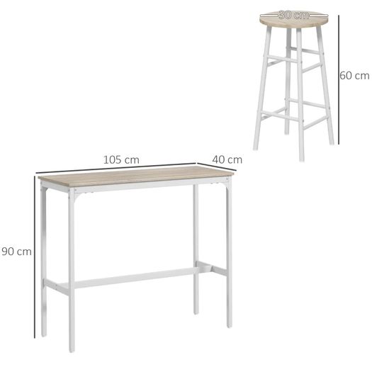 High bar table set + 2 stools, steel frame, natural wood-effect top, 2-person, white