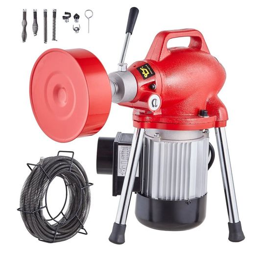 Drain Cleaner Machine Electric Sewer Snake Auger Manual Feed with 2 Sectional Steel Cables 250W