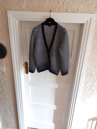 Cos Navy/Cream 100% Wool  Cardigan Size S