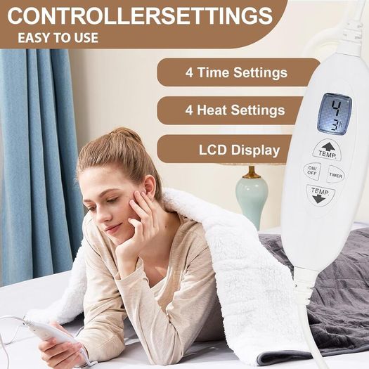 Electric Heated Blanket Throw,Electric Throw with 4 Heat Settings & 4 Hours Auto-Off Timer, LCD Display,Grey Heating Blanket Flannel Sherpa for Sofa and Bed