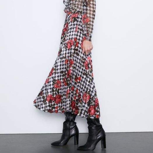Zara Multicoloured Houndstooth & Floral Print Pleated Flowing Midi Skirt  Xs