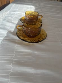 Vintage Indiana Glass Tiara Sandwich Amber Cup & Saucer Set (2 Pairs)