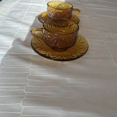 Vintage Indiana Glass Tiara Sandwich Amber Cup & Saucer Set (2 Pairs)