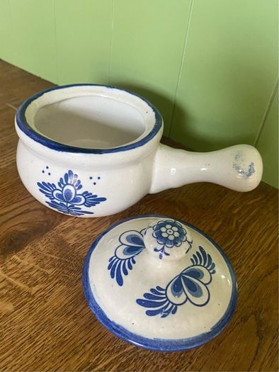 Vintage Blue White Ceramic Soup Crock Bowl