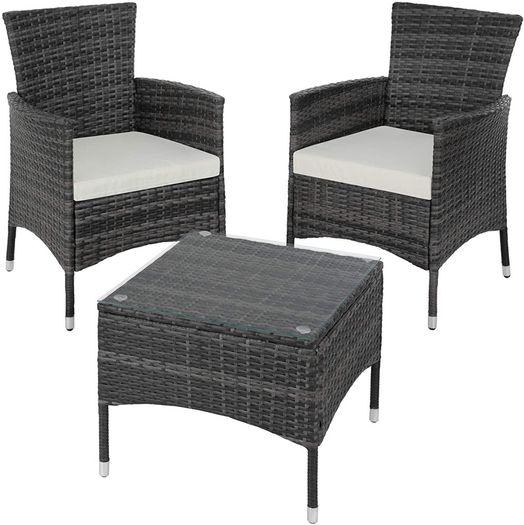 _Polyrattan garden set, 2 chairs and small table with glass top, robust steel frame, various colours