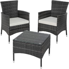 _Polyrattan garden set, 2 chairs and small table with glass top, robust steel frame, various colours