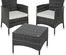_Polyrattan garden set, 2 chairs and small table with glass top, robust steel frame, various colours (gray)