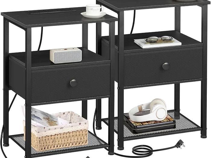Bedside Table Set of 2 with Charging Station, Nightstand with Fabric Drawer, Small Side Table with Open Storage Shelf, Bedside Cabinets for Living Room, Bedroom, Small Space Black