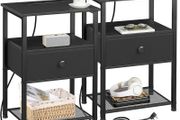 Bedside Table Set of 2 with Charging Station, Nightstand with Fabric Drawer, Small Side Table with Open Storage Shelf, Bedside Cabinets for Living Room, Bedroom, Small Space Black