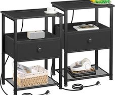 Bedside Table Set of 2 with Charging Station, Nightstand with Fabric Drawer, Small Side Table with Open Storage Shelf, Bedside Cabinets for Living Room, Bedroom, Small Space Black