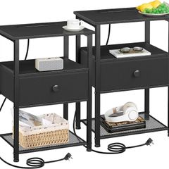 Bedside Table Set of 2 with Charging Station, Nightstand with Fabric Drawer, Small Side Table with Open Storage Shelf, Bedside Cabinets for Living Room, Bedroom, Small Space Black