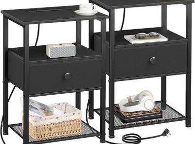 Bedside Table Set of 2 with Charging Station, Nightstand with Fabric Drawer, Small Side Table with Open Storage Shelf, Bedside Cabinets for Living Room, Bedroom, Small Space Black