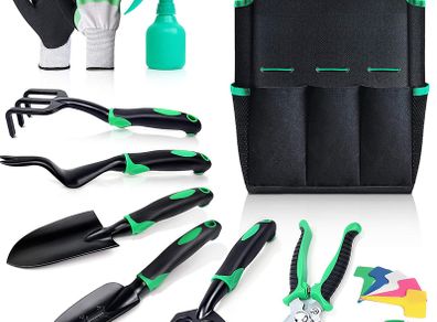 _Garden Tools Set, 11 in 1 Garden Tool Set with Bag, Stainless Steel Pruning Shears, Planting Trowel, Weed Trowel, Rake, Weed Fork, Pointed Shovel, Spray Accessory Set for Garden Care