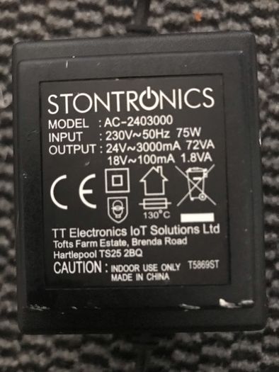 power supply 24 volts 3 amp with side pin conector. Cable side 220 volts sizes 1.3 meters and the other side  1.8 meter