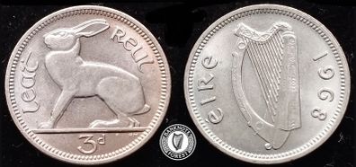 [#2444] - Ireland 1968 | 3 Pence | Irish 3d | Hare | KM.12a | BUNC
