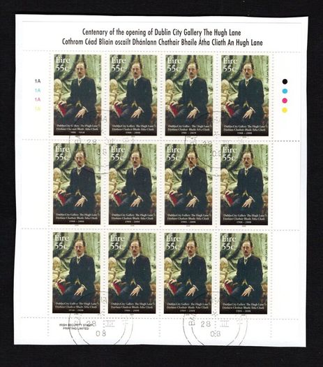 2008 Ireland Centenary of the opening of Dublin City Gallery The Hugh Lane Stamp Sheetlet Plate 1A1A1A1A Fine CDS Used with Dublin cancel of 28th March 2008 (Frist day of issue)