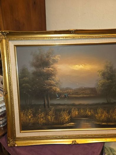 Vintage Oil on Canvas Landscape Ducks in Flight - Signed and Framed