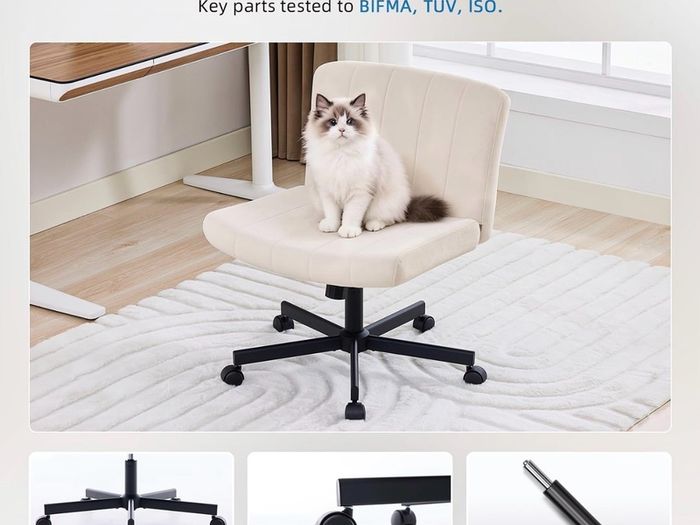 Criss Cross Wide Leg Office Chair with Casters, Comfortable Fabric Dressing Table Chair for Home Office, Armless Swivel Work Chair with 90 Tilt