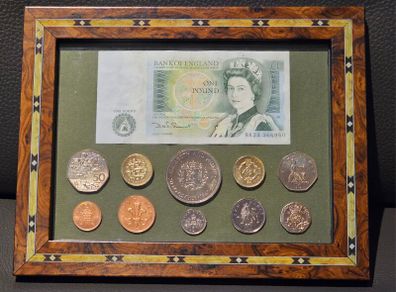 Great Britain Framed Coins and Note in Beautiful Frame Great Display Piece!