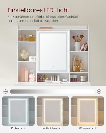 Led Dressing Table with Lighting, Mirror with LED, 2 Drawers with Adjustable Shelves 3 Colours with Adjustable Brightness White
