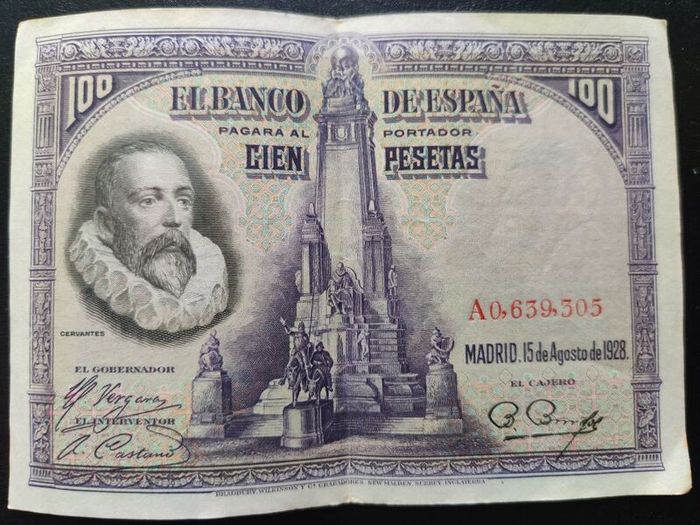 1928 Spain 100 Pesetas Cervantes. Free shipping