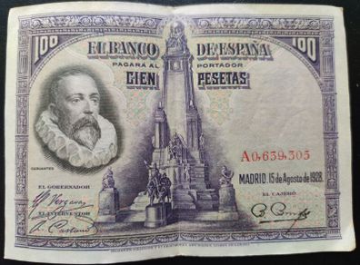 1928 Spain 100 Pesetas Cervantes. Free shipping