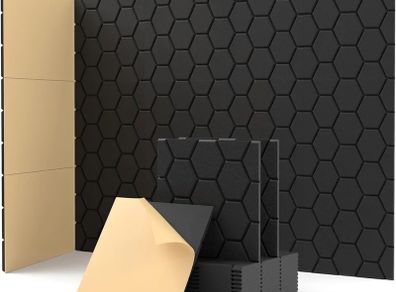 Sound Proofing Panels Self-Adhesive, 12 Pack Acoustic Wall Panels, High Density Honeycomb Acoustic Panels for Door, Ceiling, Recording Studios, Home Office 30 x 30 x 0.9cm Black