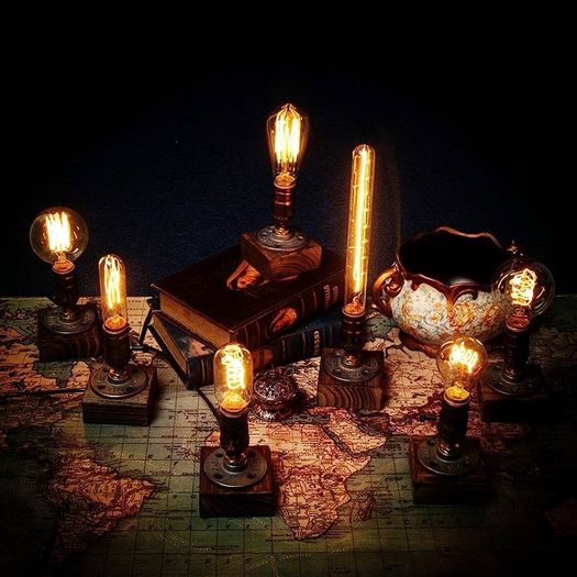 Weathered Wood Night Light Table Lamp Vintage Desk Lamp E26/E27 Edison Bulb Wooden Base Retro Industrial Steampunk Iron Pipe Flange Dimmable (FREE SHIPPING)