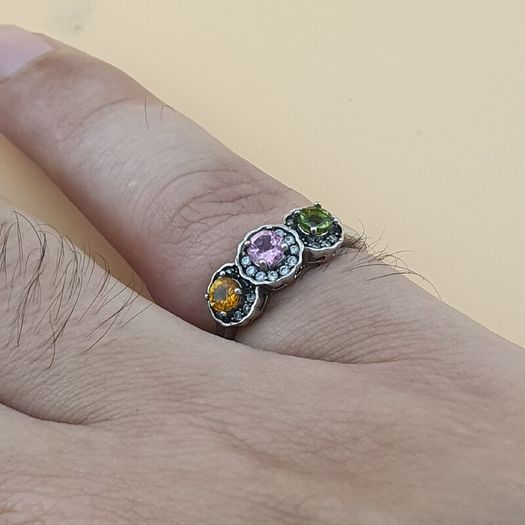 Vintage 925 Sterling Silver Multi-Stone Tourmaline Adjustable Ring