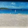 original impasto oil painting on canvas depicts a sunny coastal beach scene with sailboats on the water and a headland in the background Image 2