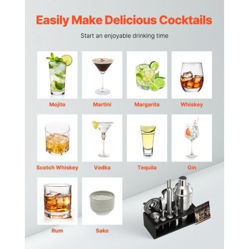 Cocktail Shaker Set, 13-Piece Stainless Steel Bar Tools with Bamboo Stand, Martini Bartender Kit Accessories | Mixer Spoon, Muddler, Jigger