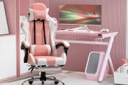 Gaming Chair Computer Chair Ergonomic Office Chair Gamer Chair with Headrest Lumbar Pillow Office Chair Height Adjustable 360 Swivel Foam PVC Faux Leather Pink+White 64 x 67 x 119-127 cm