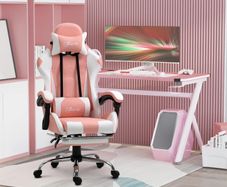 Gaming Chair Computer Chair Ergonomic Office Chair Gamer Chair with Headrest Lumbar Pillow Office Chair Height Adjustable 360 Swivel Foam PVC Faux Leather Pink+White 64 x 67 x 119-127 cm
