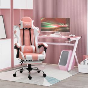 Gaming Chair Computer Chair Ergonomic Office Chair Gamer Chair with Headrest Lumbar Pillow Office Chair Height Adjustable 360 Swivel Foam PVC Faux Leather Pink+White 64 x 67 x 119-127 cm