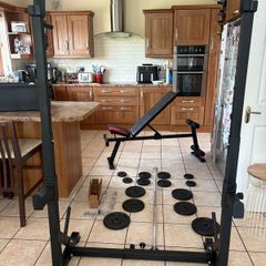 Metal Gym Weightlifting Set Up, Squat Rack, Weight Bench, Metal Weights, Barbell And New Dumbbells!!