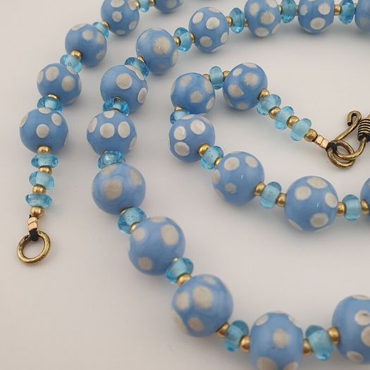 Vintage Venetian Style Light Blue White Dotted Glass Beads Necklace