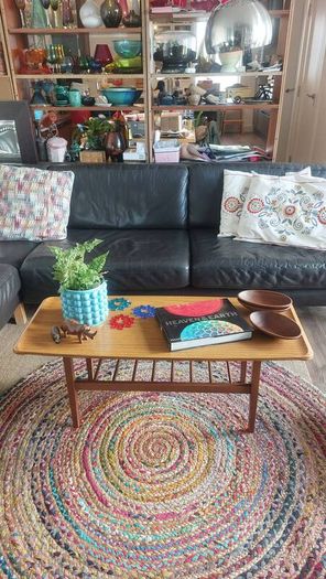 Unusual and Practical Mid-Century Modern Wooden Coffee Table with a Hard-Wearing Wood-Patterned Melamine Top and Slatted Magazine Shelf