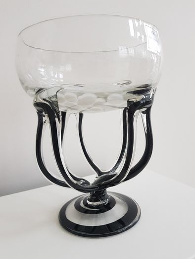 Duiske Hand Cut Blue Glass Pedestal Dish Retro Irish Cut Glass Bowl / Vase 7" Collectable.