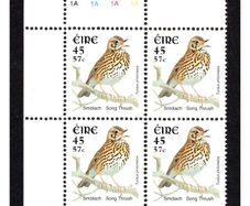 2001 Ireland 45p/57c Song Thrush Dual-value Bird Definitive Stamp Plate Block 1A1A1A1A Mint Never Hinged (MNH)