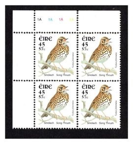 2001 Ireland 45p/57c Song Thrush Dual-value Bird Definitive Stamp Plate Block 1A1A1A1A Mint Never Hinged (MNH)