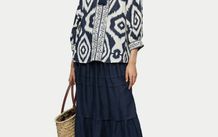 Jigsaw Navy & White Ikat Linen-Blend Boho Blouse