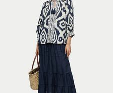 Jigsaw Navy & White Ikat Linen-Blend Boho Blouse
