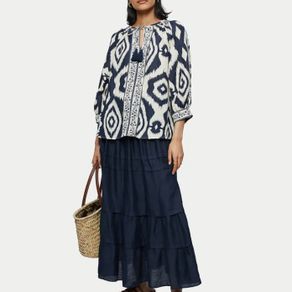 Jigsaw Navy & White Ikat Linen-Blend Boho Blouse