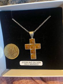 Sterling silver Amber gemmed cross pendant on 925 chain