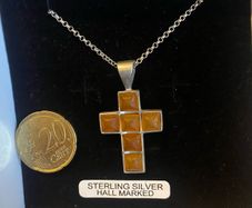 Sterling silver Amber gemmed cross pendant on 925 chain